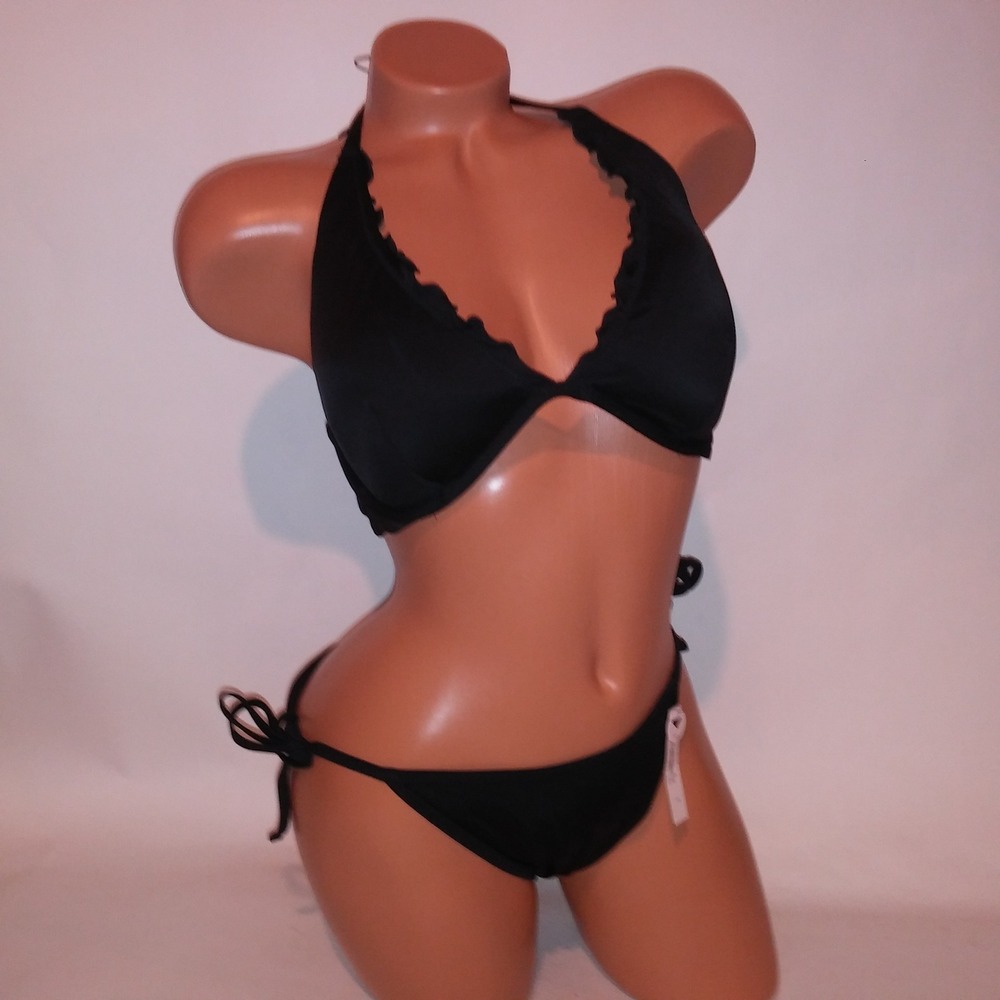 Victoria Secret Swim Bikini 36D Top Large Bottom Solid Black Ruffle Trim String